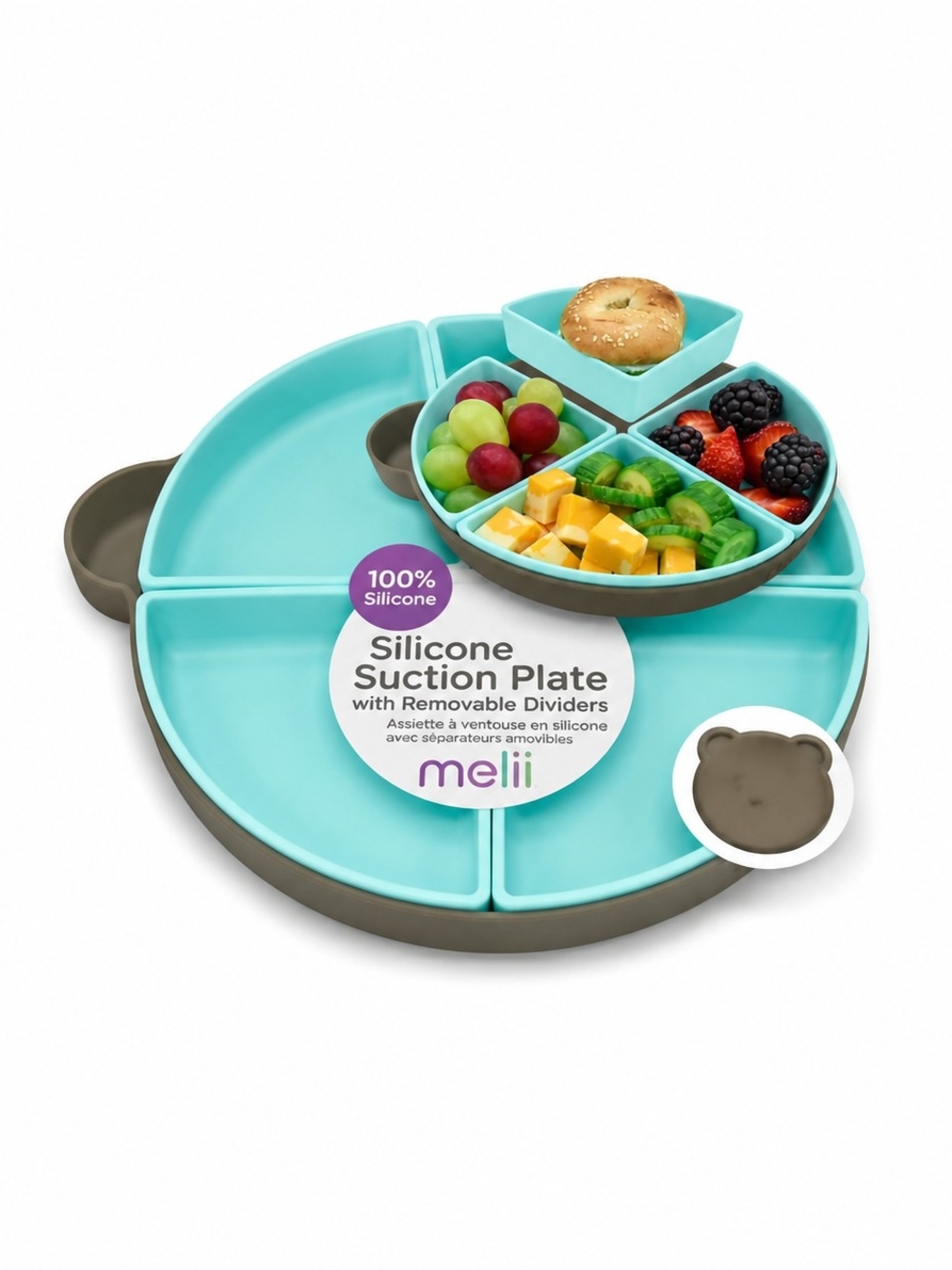 Kids Silicone Suction Plate in Aqua/Taupe - Removable Dividers